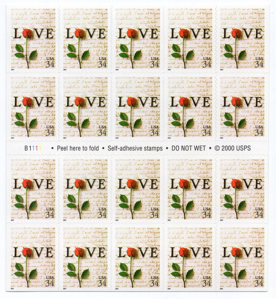 US 2001 SC 3497 34c Love Rose Letter – Sheet of 20 MNH